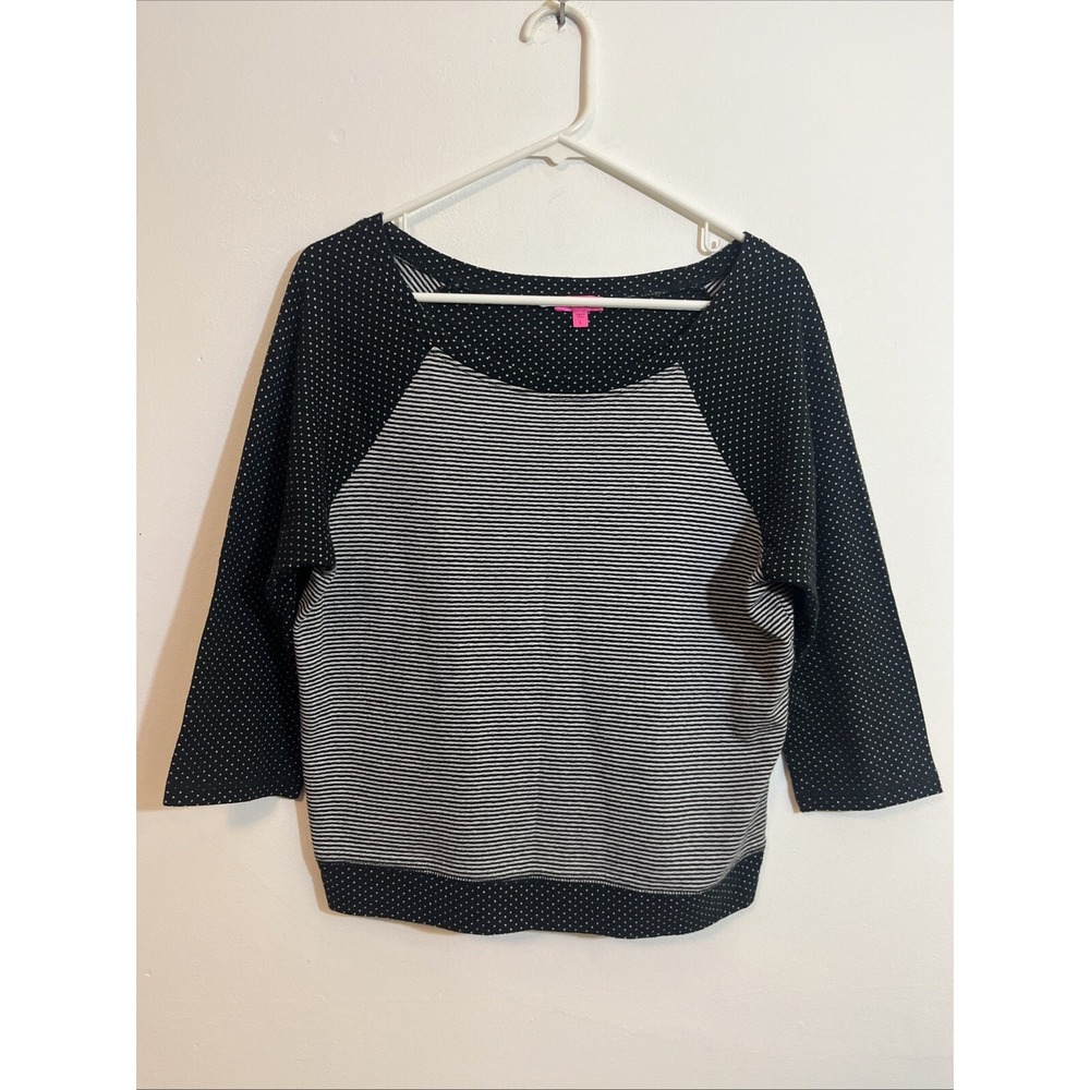 Betsey Johnson L Raglan Top‎ Blokette Black Gray Short Polka Dot Stripe